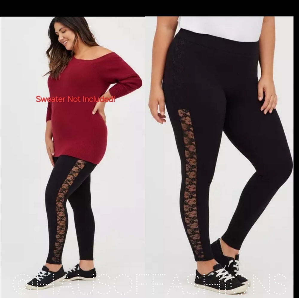 Torrid Black Leggings with Lace Mesh Flocked Side Panel! NWT!